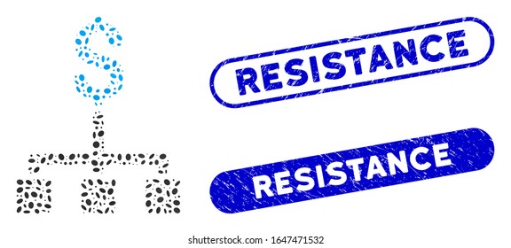 Mosaic financial hierarchy and grunge stamp seals with Resistance text. Mosaic vector financial hierarchy is composed with randomized ellipse pieces. Resistance stamp seals use blue color,