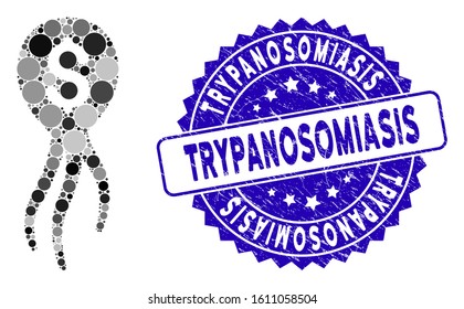 Mosaic financial infection microbe icon and distressed stamp seal with Trypanosomiasis caption. Mosaic vector is composed with financial infection microbe icon and with scattered circle elements.