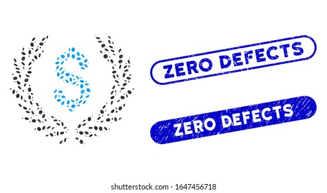 Mosaic financial laurel wreath and corroded stamp watermarks with Zero Defects phrase. Mosaic vector financial laurel wreath is created with scattered ellipse parts.