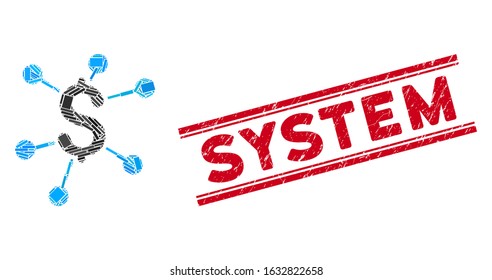 Mosaic financial links pictogram and red System rubber print between double parallel lines. Flat vector financial links mosaic pictogram of randomized rotated rectangle elements.