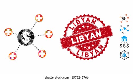 Mosaic financial medical links icon and distressed stamp watermark with Libyan text. Mosaic vector is created with financial medical links icon and with randomized circle elements.