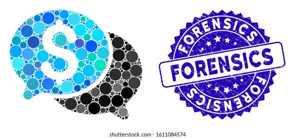 Mosaic financial messages icon and grunge stamp seal with Forensics phrase. Mosaic vector is created with financial messages icon and with random round elements. Forensics seal uses blue color,
