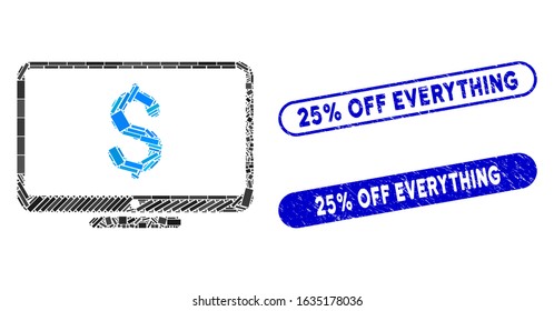 Mosaic financial monitoring and distressed stamp seals with 25% Off Everything caption. Mosaic vector financial monitoring is formed with random rectangle items.