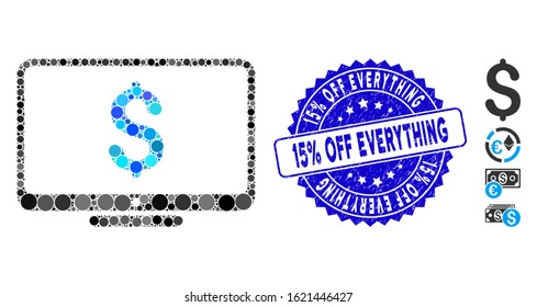 Mosaic financial monitoring icon and distressed stamp seal with 15% Off Everything text. Mosaic vector is designed with financial monitoring icon and with random round elements.