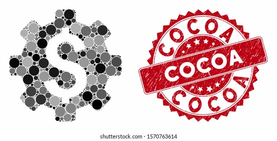 Mosaic financial options and grunge stamp seal with Cocoa caption. Mosaic vector is designed with financial options icon and with randomized round elements. Cocoa seal uses red color,