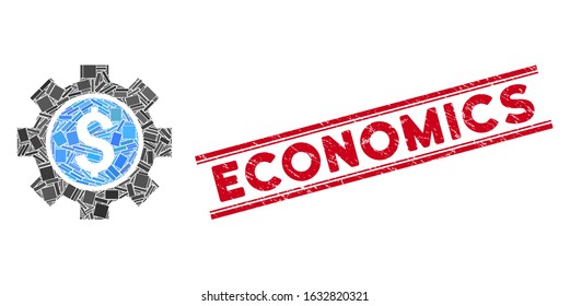 Mosaic financial options pictogram and red Economics rubber print between double parallel lines. Flat vector financial options mosaic pictogram of random rotated rectangular elements.