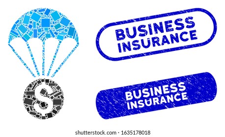 Mosaic financial parachute and corroded stamp seals with Business Insurance phrase. Mosaic vector financial parachute is created with randomized rectangle items.