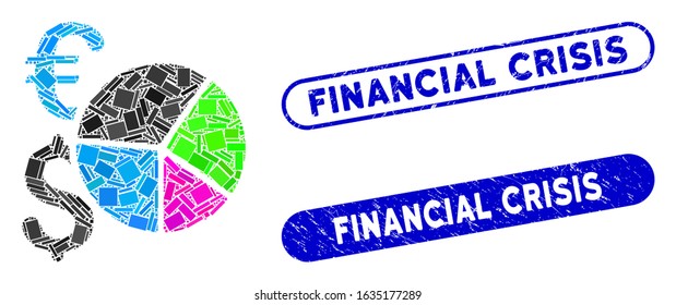 Mosaic financial pie chart and grunge stamp seals with Financial Crisis caption. Mosaic vector financial pie chart is designed with scattered rectangle items.