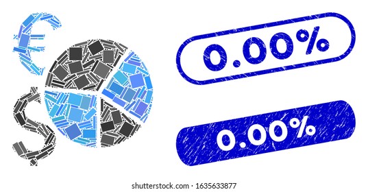 Mosaic financial pie chart and grunge stamp watermarks with 0.00% phrase. Mosaic vector financial pie chart is designed with randomized rectangle items. 0.00% stamp seals use blue color,