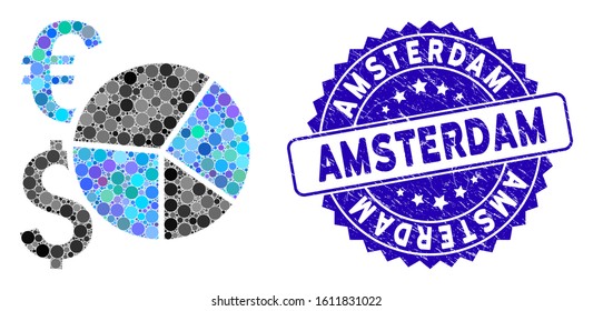Mosaic financial pie chart icon and rubber stamp watermark with Amsterdam phrase. Mosaic vector is designed with financial pie chart pictogram and with randomized circle elements.