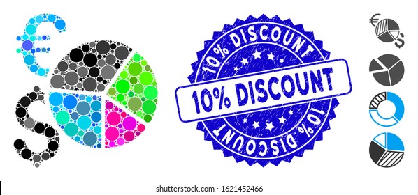 Mosaic financial pie chart icon and corroded stamp seal with 10% Discount caption. Mosaic vector is designed with financial pie chart icon and with scattered round elements.