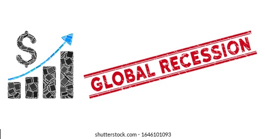 Mosaic financial report pictogram and red Global Recession seal stamp between double parallel lines. Flat vector financial report mosaic pictogram of random rotated rectangular elements.