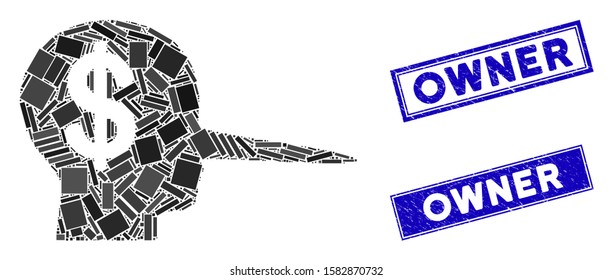 Mosaic financial scammer icon and rectangle Owner seal stamps. Flat vector financial scammer mosaic icon of randomized rotated rectangle items. Blue Owner rubber seals with scratched surface.