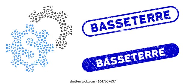 Ajustes financieros mosaicos y sellos de goma con texto Basseterre. La configuración financiera del vector mosaico se crea con elementos de elipse aleatorizados. Los sellos de sello de la Basseterre utilizan color azul,