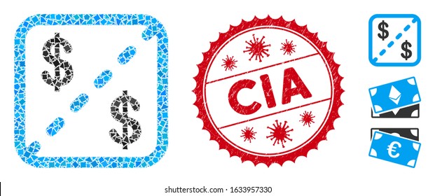 Mosaic financial shares icon and red rounded rubber stamp seal with CIA caption and coronavirus symbol. Mosaic vector is formed with financial shares icon and with randomizedrough parts.