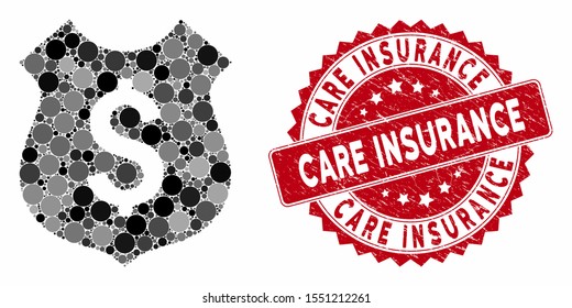 Mosaic financial shield and corroded stamp seal with Care Insurance text. Mosaic vector is composed with financial shield icon and with scattered spheric spots.