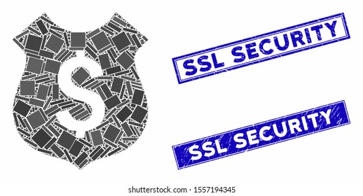 Mosaic financial shield pictogram and rectangle stamps. Flat vector financial shield mosaic icon of randomized rotated rectangle items. Blue caption rubber stamps with corroded textures.