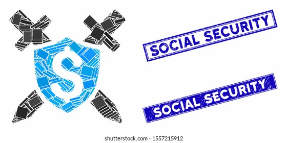 Mosaic financial shield pictogram and rectangle seal stamps. Flat vector financial shield mosaic pictogram of scattered rotated rectangle items. Blue caption rubber stamps with dirty surface.