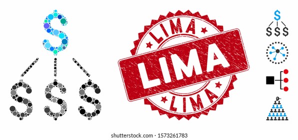 Mosaic financial structure icon and corroded stamp seal with Lima caption. Mosaic vector is formed with financial structure icon and with scattered round items. Lima seal uses red color,