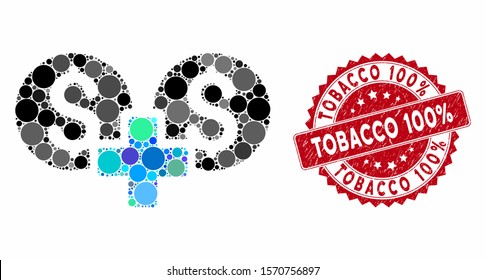 Mosaic financial sum and grunge stamp seal with Tobacco 100% text. Mosaic vector is created with financial sum icon and with random spheric elements. Tobacco 100% stamp seal uses red color,