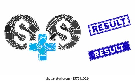 Mosaic financial sum icon and rectangle Result seal stamps. Flat vector financial sum mosaic icon of scattered rotated rectangle items. Blue Result stamps with dirty texture.