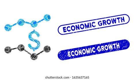 Mosaic financial trends and distressed stamp seals with Economic Growth phrase. Mosaic vector financial trends is formed with scattered rectangle items. Economic Growth seals use blue color,