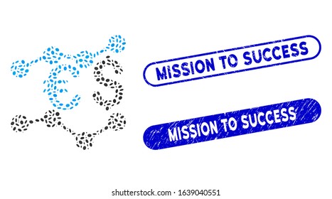Mosaic financial trends and rubber stamp seals with Mission to Success phrase. Mosaic vector financial trends is created with random oval items. Mission to Success stamp seals use blue color,