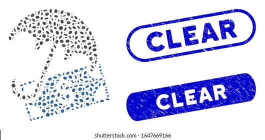 Mosaic financial umbrella and distressed stamp seals with Clear text. Mosaic vector financial umbrella is designed with scattered oval parts. Clear stamp seals use blue color,