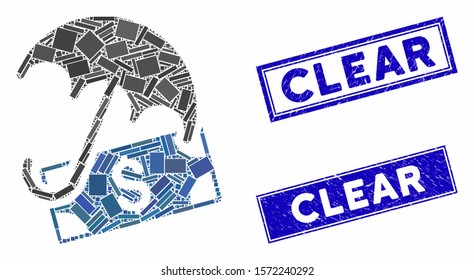 Mosaic financial umbrella pictogram and rectangular Clear seal stamps. Flat vector financial umbrella mosaic pictogram of random rotated rectangular items.