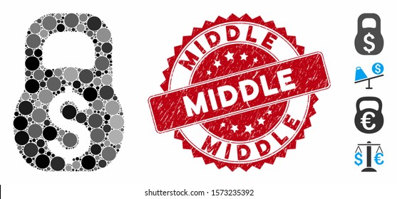 Mosaic financial weight icon and rubber stamp watermark with Middle caption. Mosaic vector is created with financial weight icon and with random circle elements. Middle stamp seal uses red color,