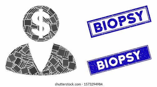 Mosaic financier icon and rectangle Biopsy watermarks. Flat vector financier mosaic icon of scattered rotated rectangular elements. Blue Biopsy rubber stamps with rubber textures.