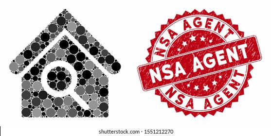 Mosaic Find Building And Distressed Stamp Seal With NSA Agent Text. Mosaic Vector Is Composed From Find Building Icon And With Scattered Circle Spots. NSA Agent Stamp Seal Uses Red Color,