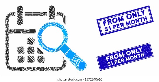 Mosaic find date pictogram and rectangular From Only $1 Per Month watermarks. Flat vector find date mosaic pictogram of scattered rotated rectangular items.