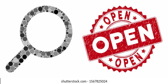 Mosaic find and distressed stamp seal with Open phrase. Mosaic vector is formed with find icon and with randomized round items. Open stamp seal uses red color, and grunged texture.