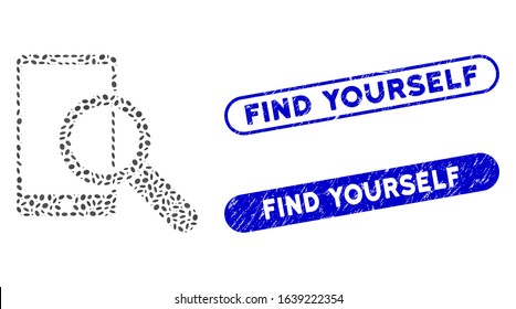 Mosaic find smartphone and distressed stamp seals with Find Yourself caption. Mosaic vector find smartphone is designed with scattered elliptic elements. Find Yourself stamp seals use blue color,