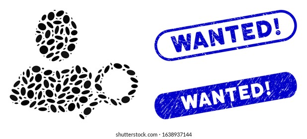 Mosaic find user and distressed stamp seals with Wanted! text. Mosaic vector find user is formed with random elliptic items. Wanted! stamp seals use blue color, and have round rectangle shape.