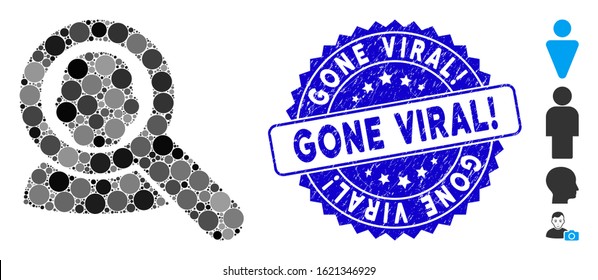 Mosaic find user icon and distressed stamp seal with Gone Viral! caption. Mosaic vector is formed with find user icon and with randomized spheric items. Gone Viral! stamp seal uses blue color,