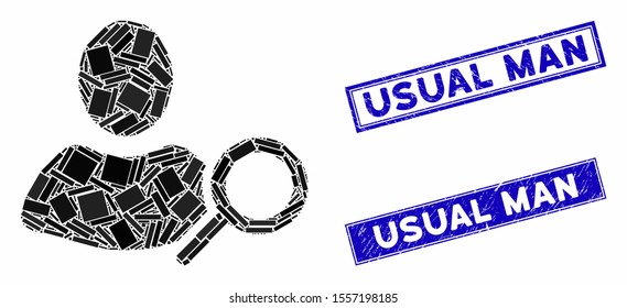 Mosaic find user icon and rectangle rubber prints. Flat vector find user mosaic icon of scattered rotated rectangle elements. Blue caption rubber seals with corroded textures.