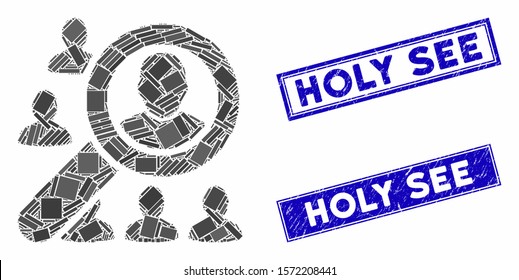 Mosaic find user pictogram and rectangle Holy See seal stamps. Flat vector find user mosaic pictogram of random rotated rectangle elements. Blue Holy See seal stamps with distress surface.