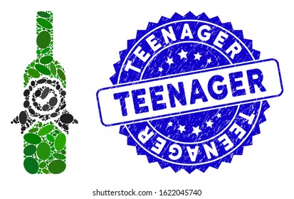Mosaic finest wine icon and distressed stamp watermark with Teenager text. Mosaic vector is created with finest wine icon and with random oval elements. Teenager stamp seal uses blue color,