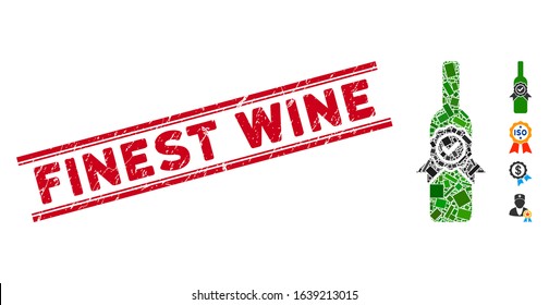 Mosaic finest wine pictogram and red Finest Wine seal stamp between double parallel lines. Flat vector finest wine mosaic pictogram of random rotated rectangular elements.