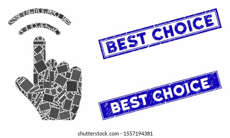 Mosaic finger click icon and rectangular watermarks. Flat vector finger click mosaic icon of randomized rotated rectangular elements. Blue caption watermarks with grunge surface.