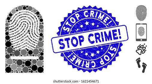 Mosaic finger print icon and corroded stamp seal with Stop Crime! phrase. Mosaic vector is formed from finger print icon and with random circle items. Stop Crime! stamp seal uses blue color,