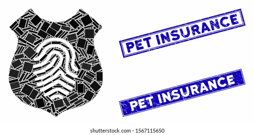 Mosaic fingerprint shield pictogram and rectangle seal stamps. Flat vector fingerprint shield mosaic icon of random rotated rectangular items. Blue caption seal stamps with rubber surface.