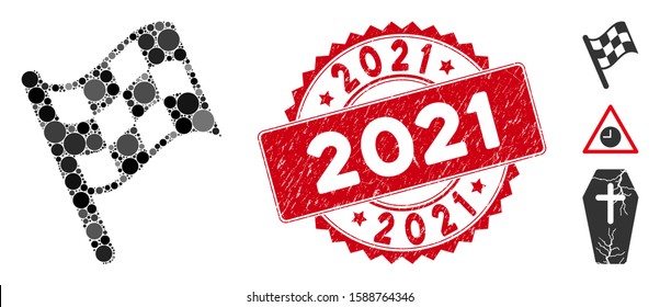 Mosaic finish flag and circle seal stamp. Flat vector finish flag mosaic of randomized spheric items. Red stamp with rubber texture. Designed for political and patriotic proclamations.