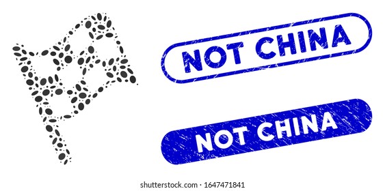 Mosaic finish flag and corroded stamp seals with Not China phrase. Mosaic vector finish flag is designed with scattered elliptic dots. Not China stamp seals use blue color,