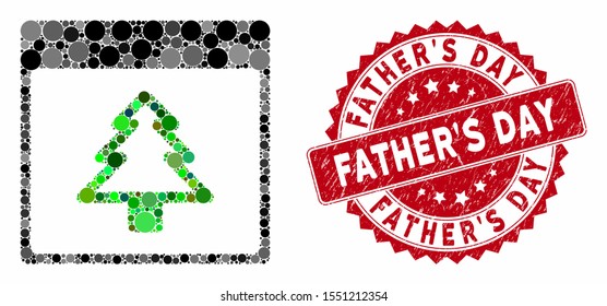Mosaic fir tree calendar page and grunge stamp watermark with Father'S Day phrase. Mosaic vector is composed with fir tree calendar page icon and with randomized spheric spots.