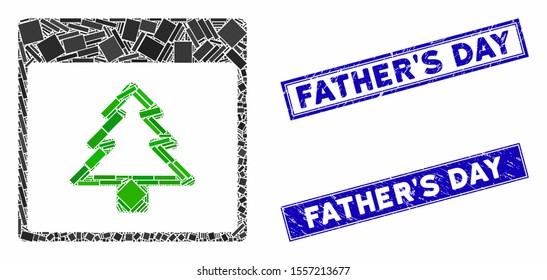Mosaic fir tree calendar page pictogram and rectangle seal stamps. Flat vector fir tree calendar page mosaic pictogram of randomized rotated rectangle items.