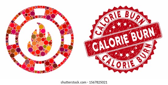 Mosaic fire casino chip and rubber stamp watermark with Calorie Burn caption. Mosaic vector is created with fire casino chip icon and with randomized round spots. Calorie Burn stamp uses red color,