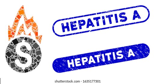Mosaic fire damage and grunge stamp watermarks with Hepatitis A phrase. Mosaic vector fire damage is formed with randomized rectangle items. Hepatitis A stamp seals use blue color,